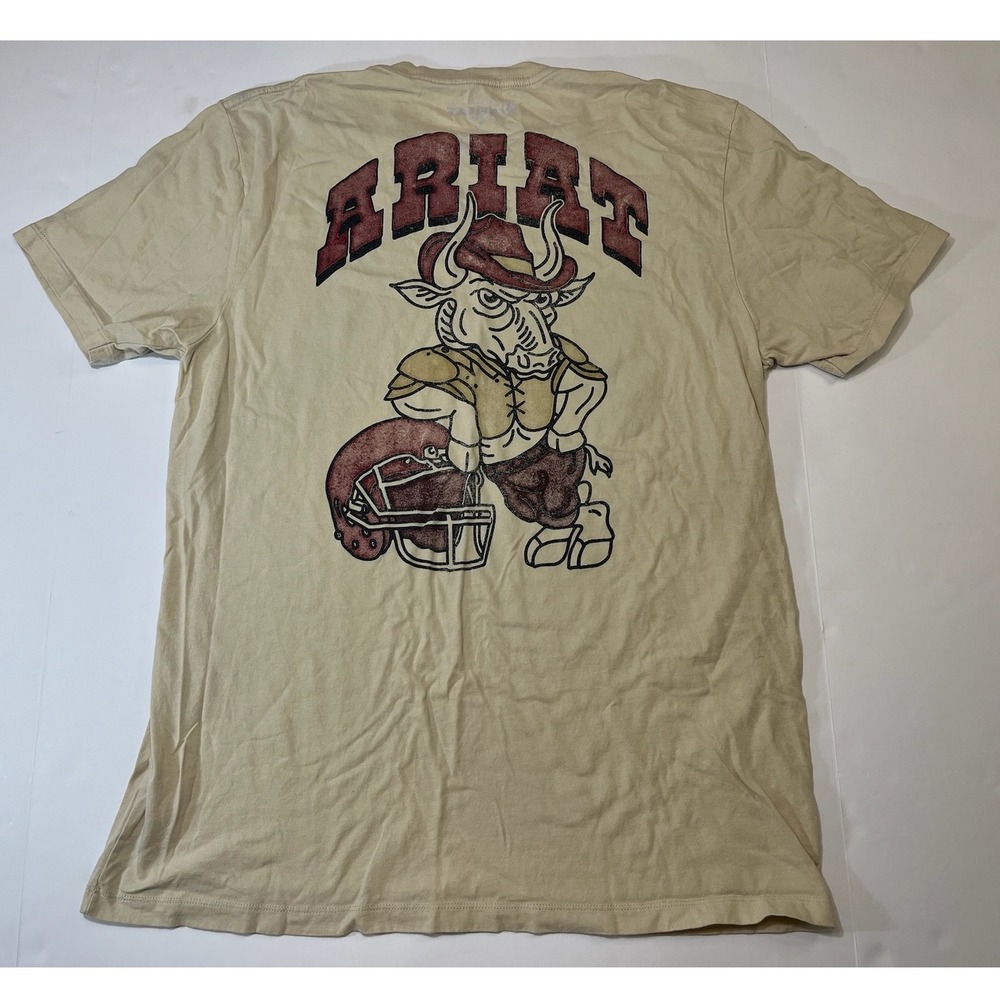 Ariat Graphic T-Shirt Mens Large Tan Bull Football Cotton Tee Western Rodeo